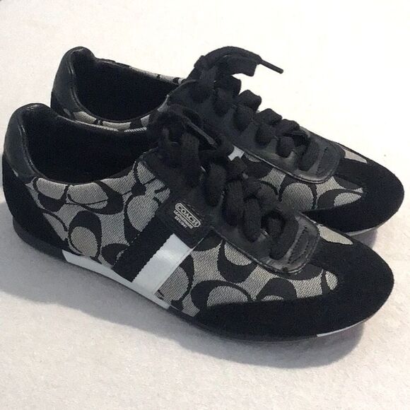 Coach JOSS Black Suede Gray Signature Monogram Canvas Lace Up Casual Sneakers - Picture 6 of 15